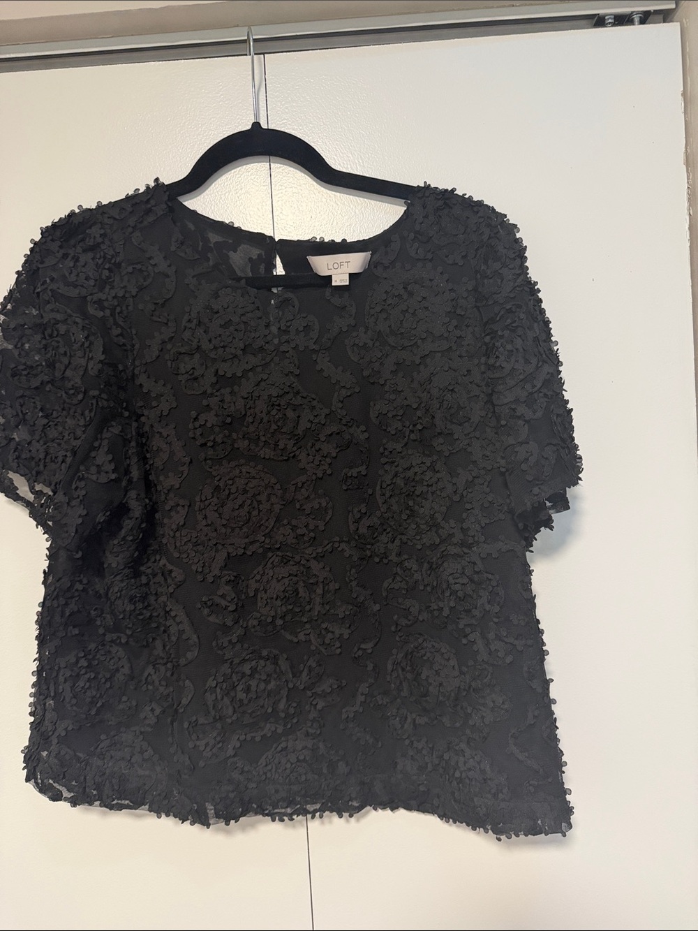 LOFT Black Short Sleeve Textured Floral Applique Top